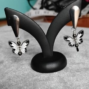 Hand Crafted Black And White Butterfly Earrings
